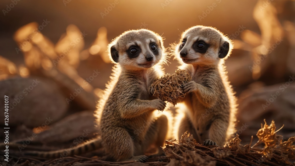 Two meerkats playfully holding a nest in a warm, golden-lit environment. Two meerkats playfully holding a nest in a warm, golden-lit environment.
