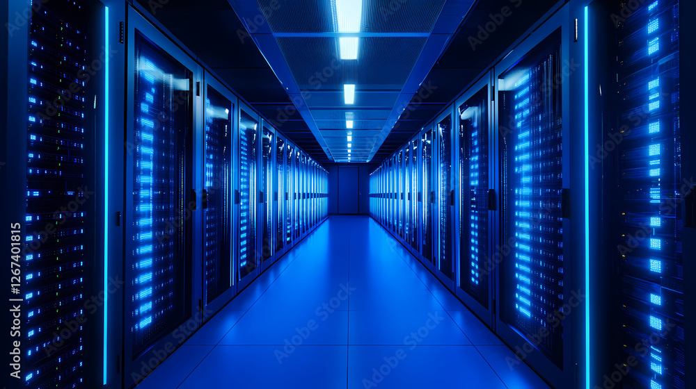 Futuristic Tech Corridor with Blue Lights and Data Servers Futuristic Tech Corridor with Blue Lights and Data Servers