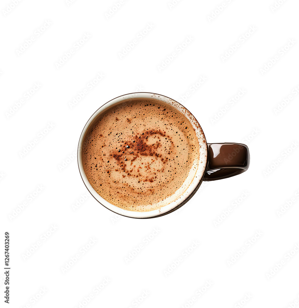 a PNG image of a top view of a coffee in a mug, with a sprinkle of cocoa powder or cinnamon on top of it, flatlay photography style a PNG image of a top view of a coffee in a mug, with a sprinkle of cocoa powder or cinnamon on top of it, flatlay photography style