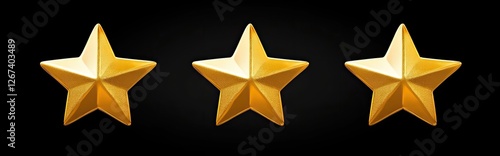 Three stars isolated. Three gold stars symbolize the level of service quality and business. Three-star rating. Stars background. Christmas festive background.