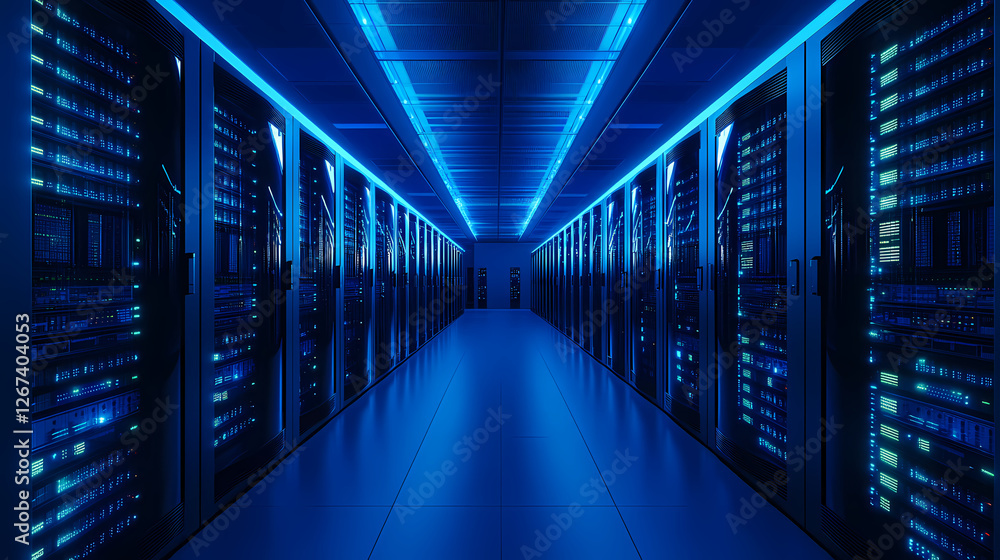 Fototapeta premium Futuristic Data Center with Blue-Lit Server Racks and LED Light Path