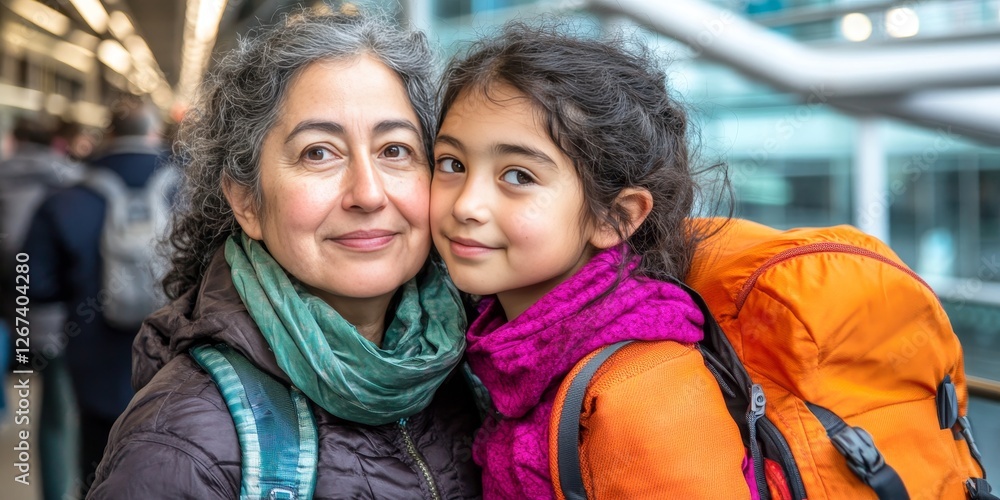 Mother And Daughter Smiling, Preparing For Travel With Bright Orange Backpack In Busy Indoor Setting Mother And Daughter Smiling, Preparing For Travel With Bright Orange Backpack In Busy Indoor Setting