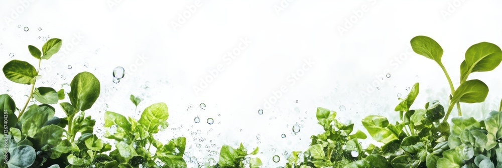 Fototapeta premium eco-friendly plant patterns, fresh and natural, a minimalist background with stylized hydroponic plants, water droplets, and geometric patterns, reflecting sustainable agriculture