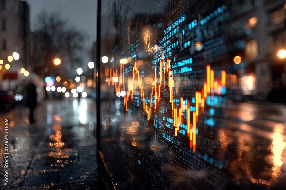 Cityscape at night with blurred lights and a graph line overlay, symbolizing urban data analysis Cityscape at night with blurred lights and a graph line overlay, symbolizing urban data analysis