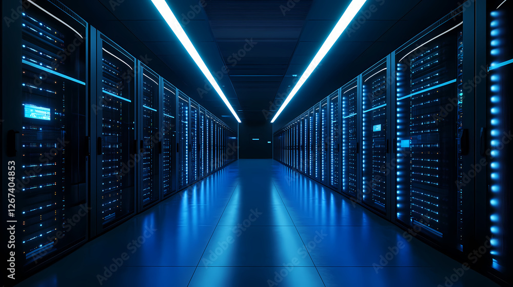 Futuristic Data Center with Blue Lighting Effects Futuristic Data Center with Blue Lighting Effects