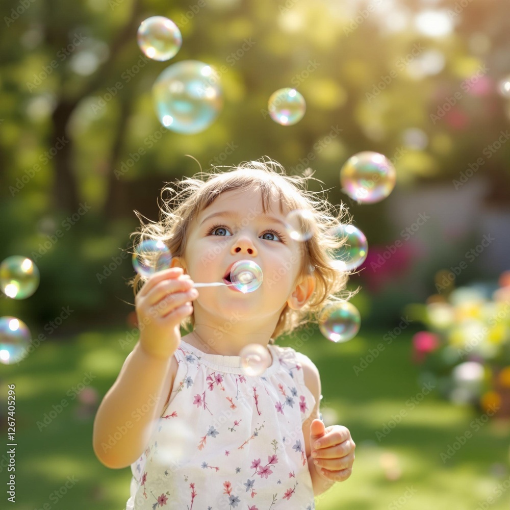 Happy Toddler Girl with Cheerful Expression Blowing Soap Bubbles in Lush Garden Setting Happy Toddler Girl with Cheerful Expression Blowing Soap Bubbles in Lush Garden Setting