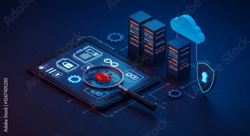 Cybersecurity Threat Detection: Uncover Vulnerabilities & Protect Data with Cloud Servers, Magnifying Glass, Tablet, Key, Bug & More