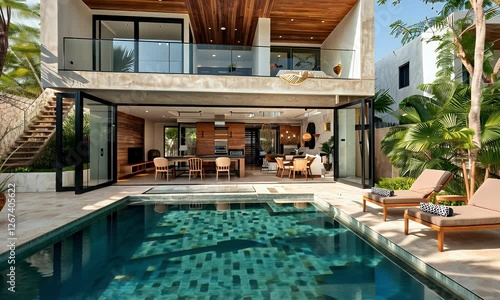 Tropical modern villa poolside view, sunny day, lush landscaping, vacation rental