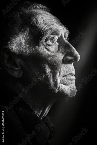 A striking profile portrait of an old man, rendered in black and white, accentuating his textured skin and the intensity of his gaze, filled with thought.