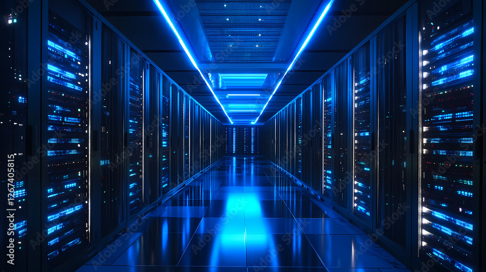 Futuristic Data Center with Blue Lighting Futuristic Data Center with Blue Lighting