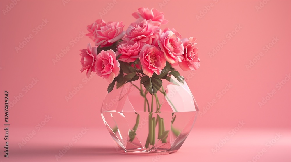 Obraz premium Pink roses in a geometric glass vase, modern design