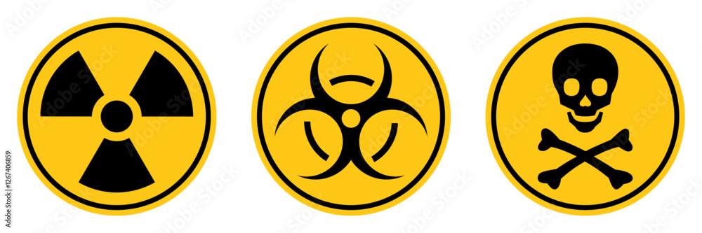 Radiation sign, biohazard sign and toxic sign set. Set of hazard danger yellow vector signs symbol. Danger, warning sign icon set. Flat style. Vector illustration. Radiation sign, biohazard sign and toxic sign set. Set of hazard danger yellow vector signs symbol. Danger, warning sign icon set. Flat style. Vector illustration.