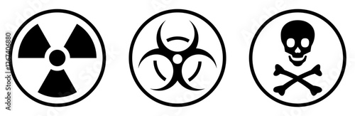 Radiation sign, biohazard sign and toxic sign set. Set of hazard danger yellow vector signs symbol. Danger, warning icon set. Flat style. Vector illustration.
