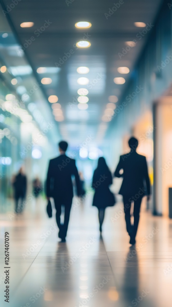 Three business professionals walking through a modern office corridor, with bright lights and reflections creating a dynamic atmosphere Three business professionals walking through a modern office corridor, with bright lights and reflections creating a dynamic atmosphere