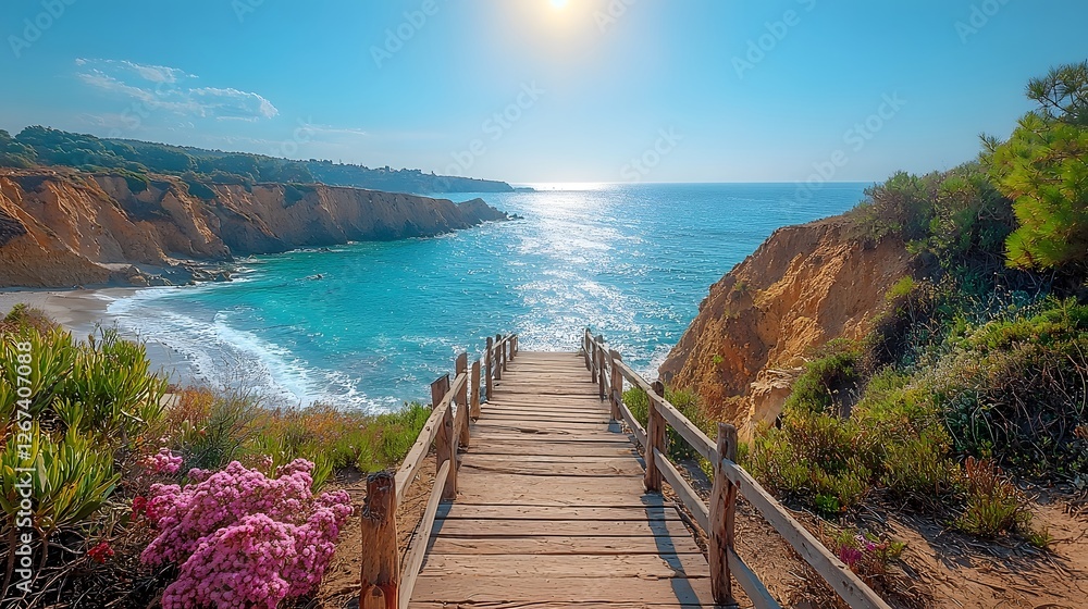 Obraz premium Stunning coastal walkway hugging the edge of a dramatic ocean cliff with gentle waves crashing below and a breathtaking panoramic view of the serene picturesque seascape Crisp