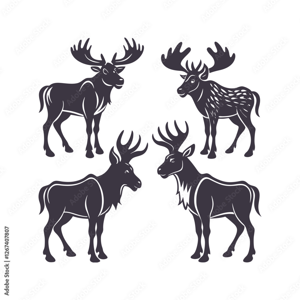 Fototapeta premium Moose Silhouette Set Clip art Isolated Vector Illustration