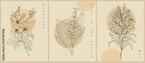 Set of Boho aesthetic botanical wall arts with Hawthorn, Lily of the Valley, May Birth month flowers. Retro posters for Scandinavian, Japandi interior in neutral beige colors. Vector line art drawing.