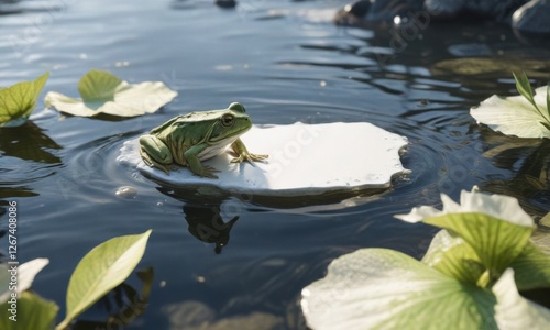 La grenouille au bord de l'eau avec un panneau blanc flottant, wildlife, aquatic, outdoor photo