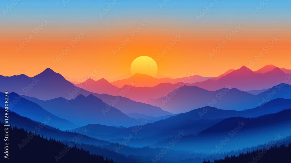 Serene sunset over layered mountains with vibrant colors, creating a tranquil atmosphere ideal for relaxation or meditation Serene sunset over layered mountains with vibrant colors, creating a tranquil atmosphere ideal for relaxation or meditation