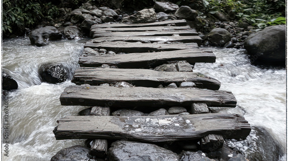 Rustic Wooden Bridge Over Flowing Stream in Lush Green Nature Rustic Wooden Bridge Over Flowing Stream in Lush Green Nature