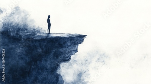 Contemplative Silhouette At Cliff Edge Awaiting Unknown Future Symbolic of Crossroads and Decisions