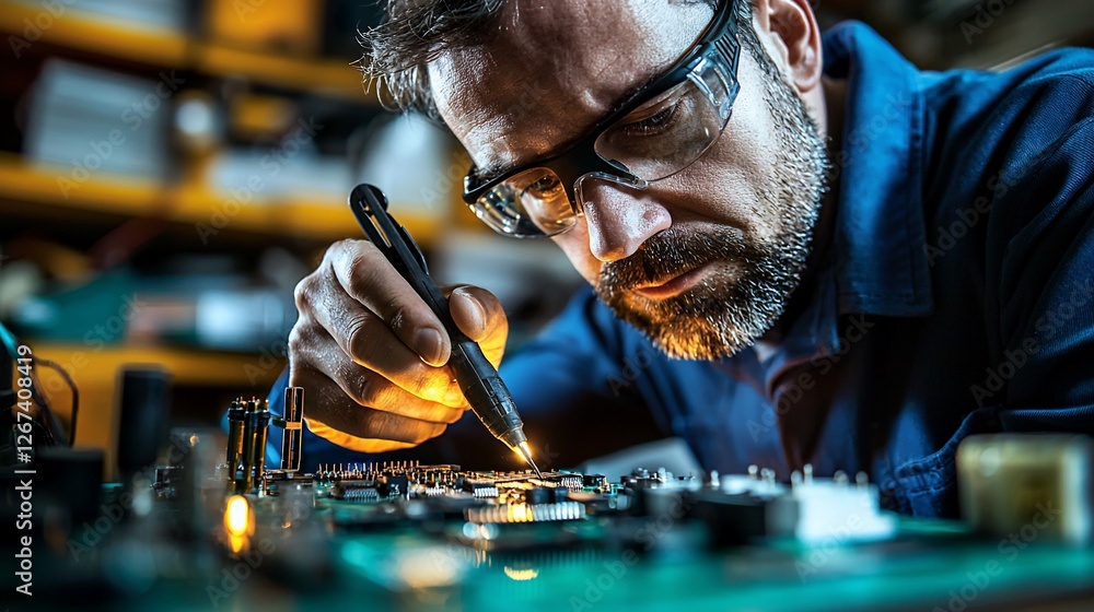 Focused technician soldering circuit board. Focused technician soldering circuit board.