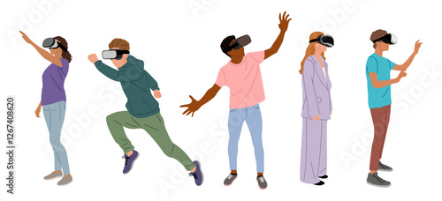 Set of diverse people in virtual reality headset. Different Men and women wearing digital glasses travel in metaverse. Modern technologies. Flat Vector illustrations isolated on transparent background