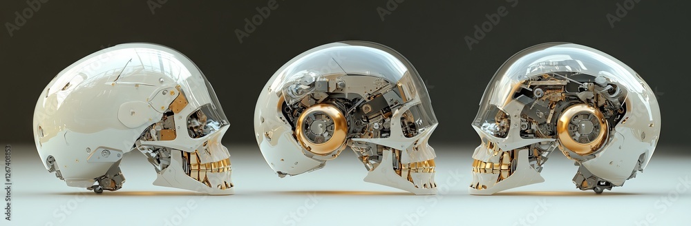 Fototapeta premium A 3D rendered image of a cyborg face or robot head, presented in a set of three different views, isolated from any background