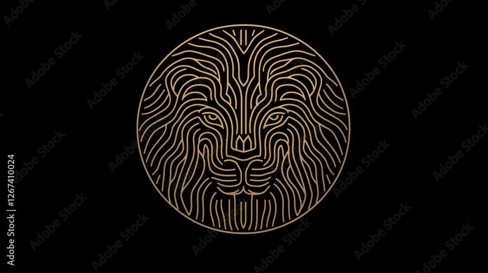 Gold lion head art deco, circle, black background, logo design