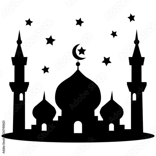 Mosque with crescent moon and stars in the background