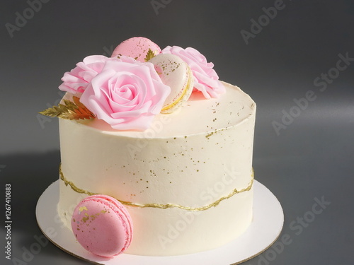 Wedding cake with white cream and decorated flowers. Sweet confection with pink roses. Pastry on a light grey background. Dessert for birthday, for Valentine's day, for Mother's day.