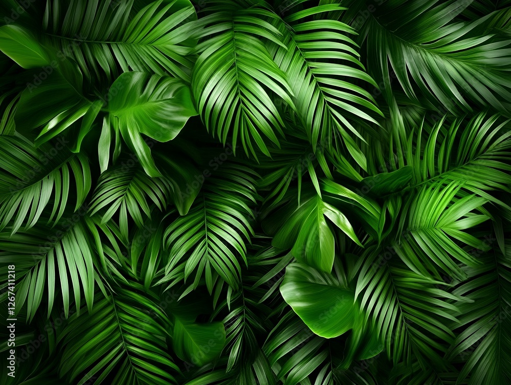 Dense jungle palm leaves with deep green exotic foliage for a natural botanical tropical background Dense jungle palm leaves with deep green exotic foliage for a natural botanical tropical background