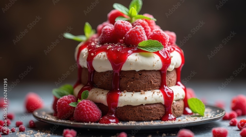 Decadent chocolate cake with raspberry and mint topping on a dark table Decadent chocolate cake with raspberry and mint topping on a dark table