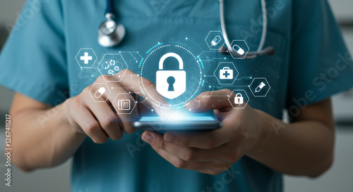 Securing Health Data: Doctor Using Mobile App for Patient Privacy & Digital Protection. HIPAA Compliant Healthcare Technology.