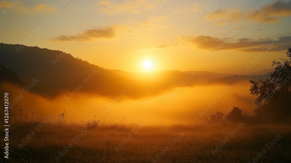 Sunset over a field of grass. Sunset over the mountains. Fog and clouds in the mountains. Twilight above a meadow of lifestyle grass. Sunset over a field of grass. Sunset over the mountains. Fog and clouds in the mountains. Twilight above a meadow of lifestyle grass.