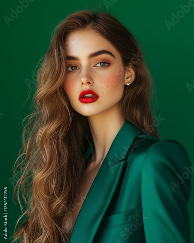 Portrait of a beautiful model on emerald background
