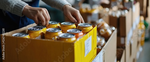 Person packing cans in warehouse. Food donation background. Charity work