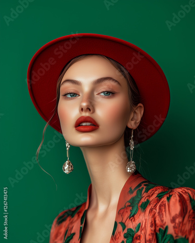 Portrait of a beautiful model on emerald background