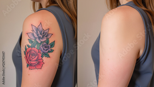  Before and after tattoo removal showing clearer skin and faded ink. The concept is of cosmetic procedures, skincare, beauty, and regret. Suitable for beauty, lifestyle, and cosmetic treatment content