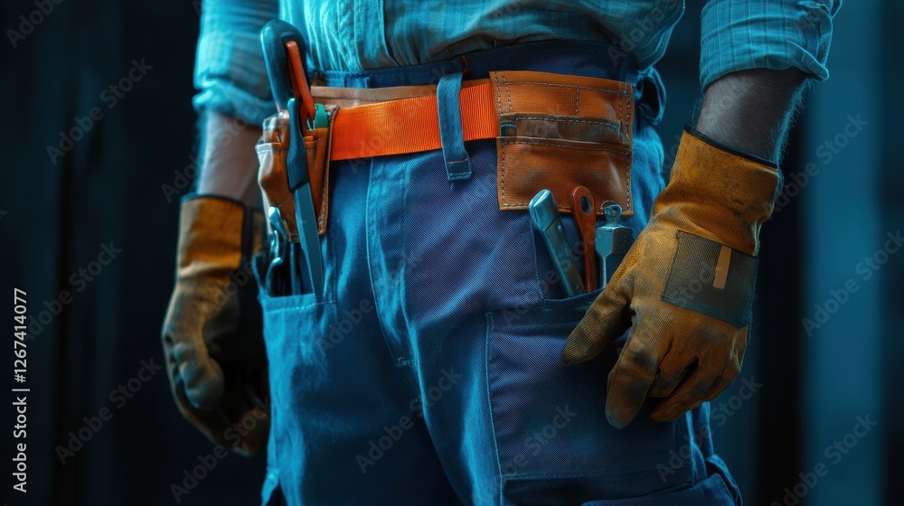 Close-up of handyman wearing gloves and tool belt on blue trousers during home renovation Close-up of handyman wearing gloves and tool belt on blue trousers during home renovation