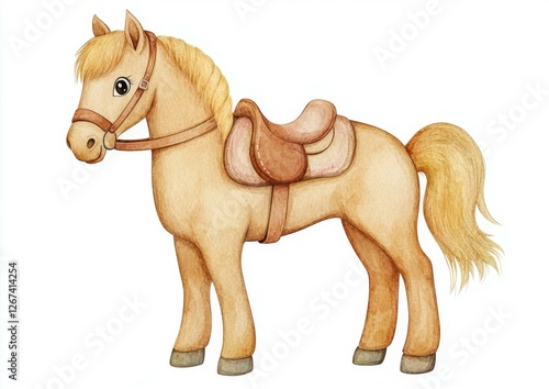 Watercolor Pony with Saddle Equine Illustration Horse Animal Fairytale Creature Design Art