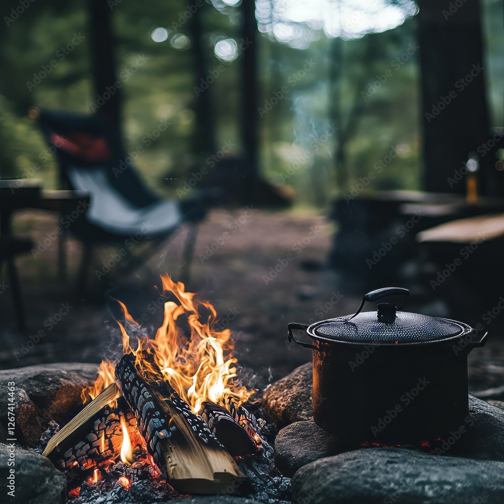 Camper with Camping Gear and Campfire in Focus, Blurred Background.
