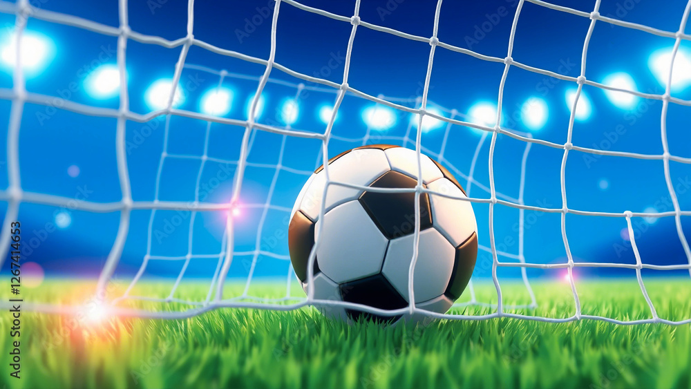 Naklejka premium Soccer Ball in Goal Net, Stadium Background, Sports, Game, Goal