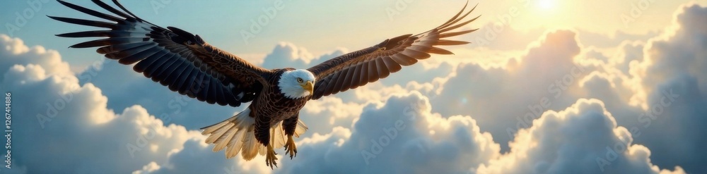 Fototapeta premium Majestic eagle soaring through the clouds, highlighting intricate wing patterns and movement, clouds, eagle