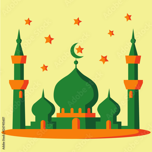 Mosque with crescent moon and stars in the background Color