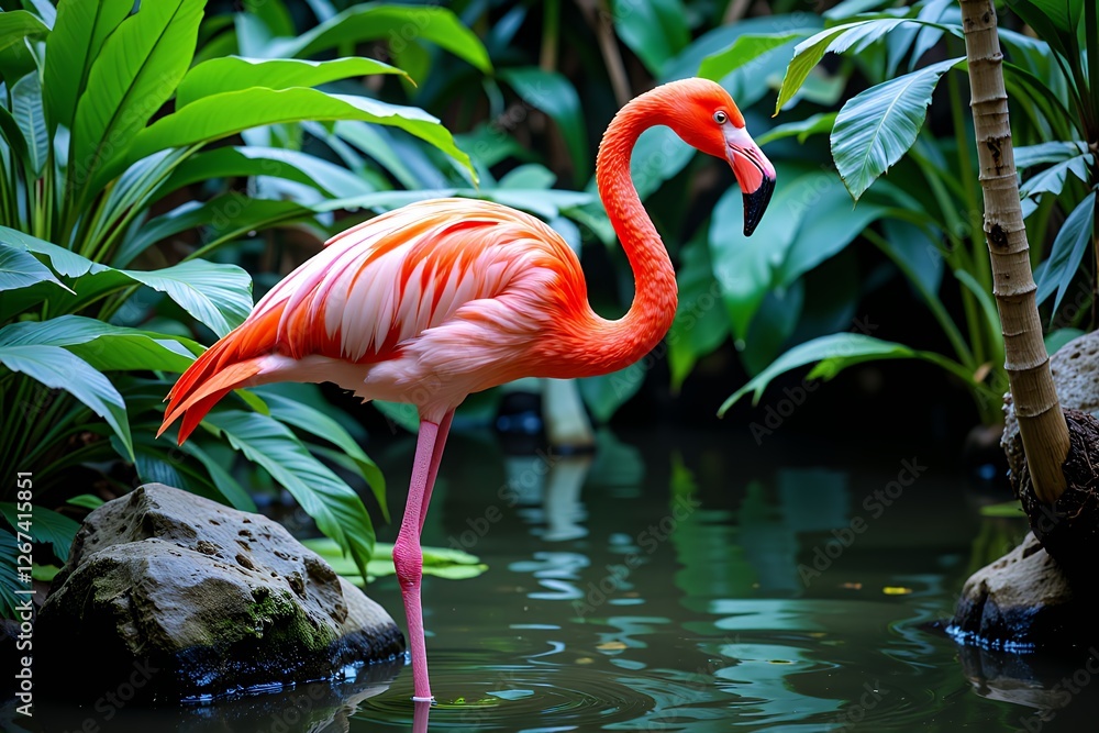 Fototapeta premium Vibrant Pink Flamingo in Lush Tropical Paradise Standing in Calm Water near Rocks