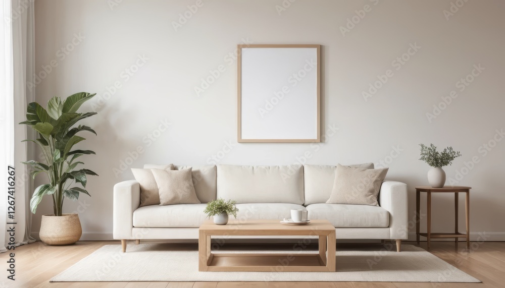 Modern Minimalist Living Room with Cozy Sofa, Minimal Decor and Green Plant in Bright Space Modern Minimalist Living Room with Cozy Sofa, Minimal Decor and Green Plant in Bright Space
