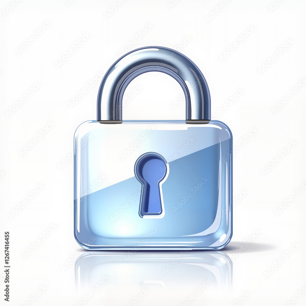 Glossy blue padlock icon with shiny finish on white background, copy space Glossy blue padlock icon with shiny finish on white background, copy space