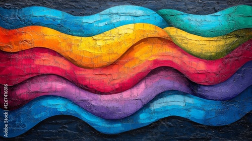 Vibrant Wave Mural: Abstract Colorful Graffiti Art on Textured Brick Wall