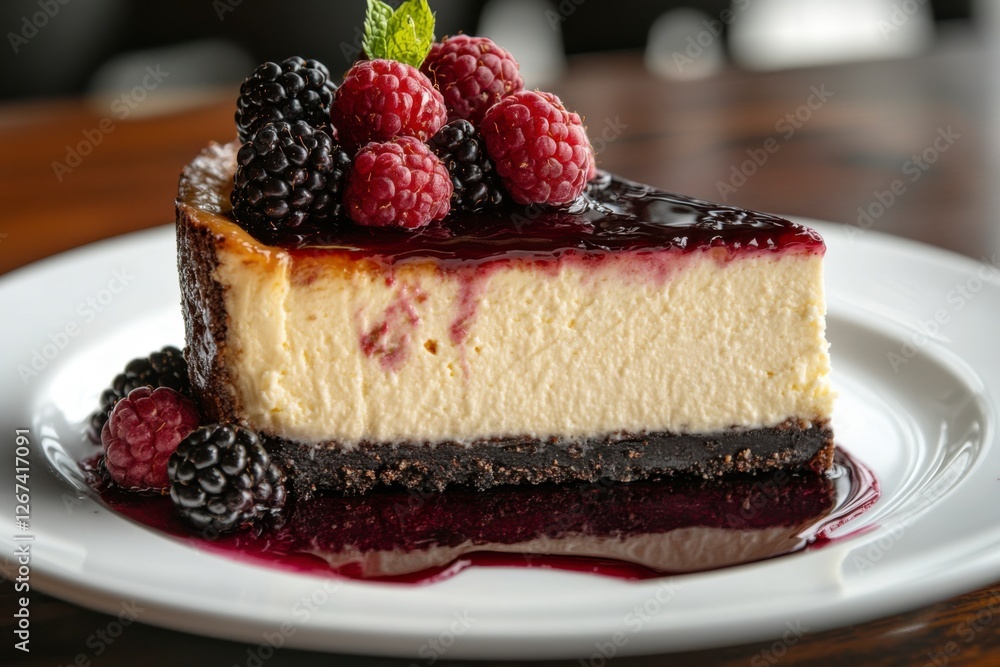 Cheesecake with fresh berries on a white plate Cheesecake with fresh berries on a white plate